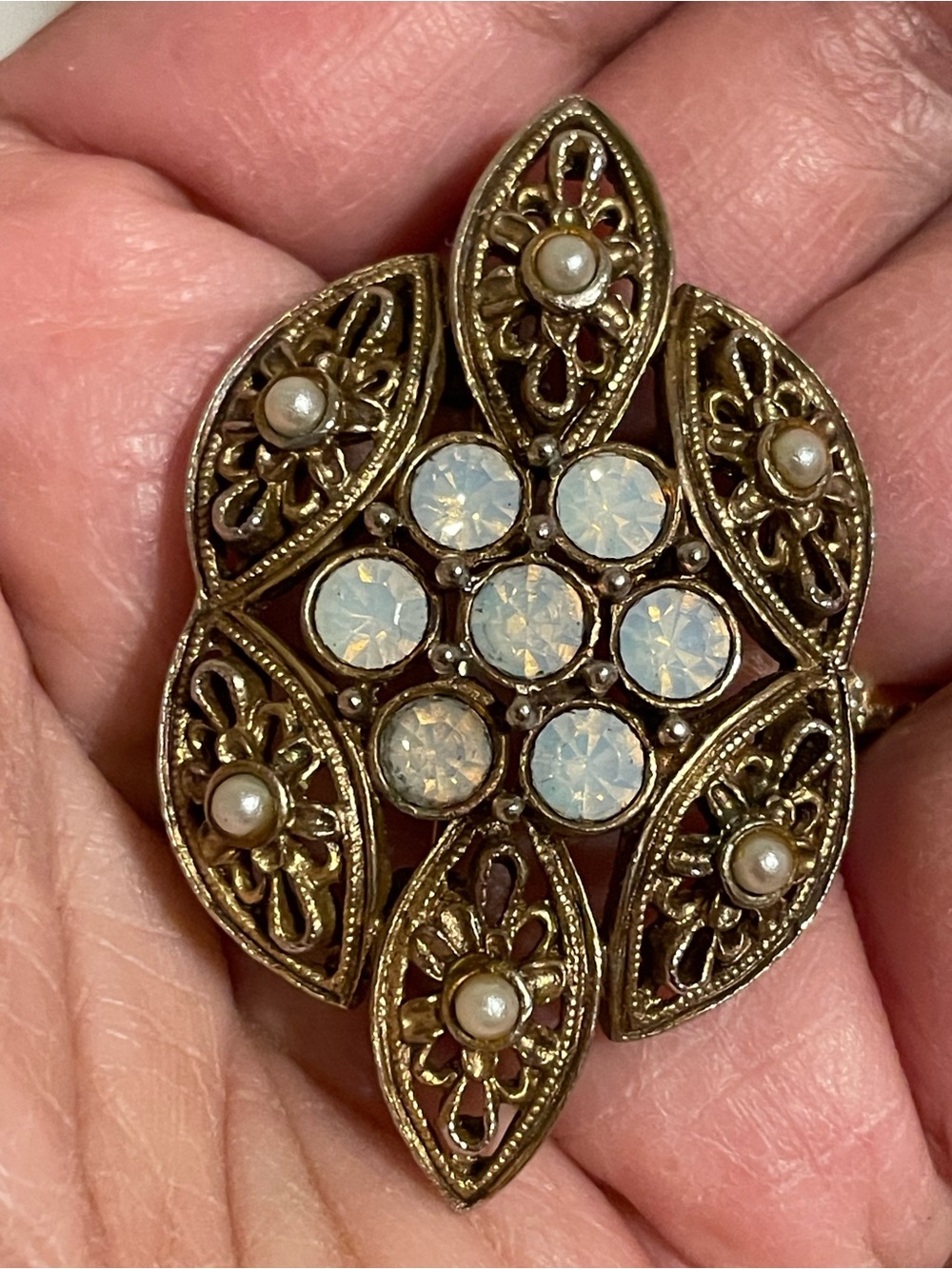 Sarah Coventry Gold-Tone Floral Brooch with Opalescent and Pearl Accents